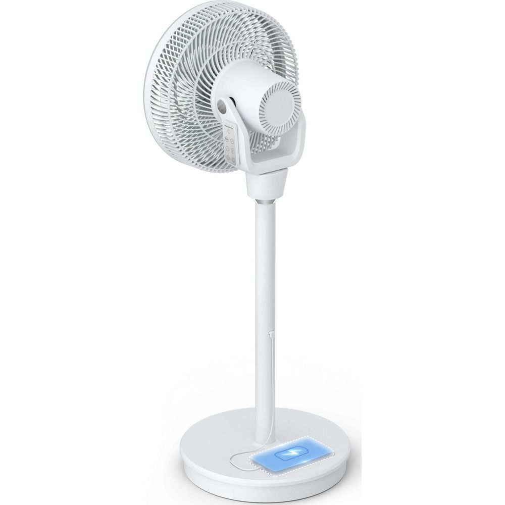 Un ventilatore da terra bianco con indicatore di carica alla base.