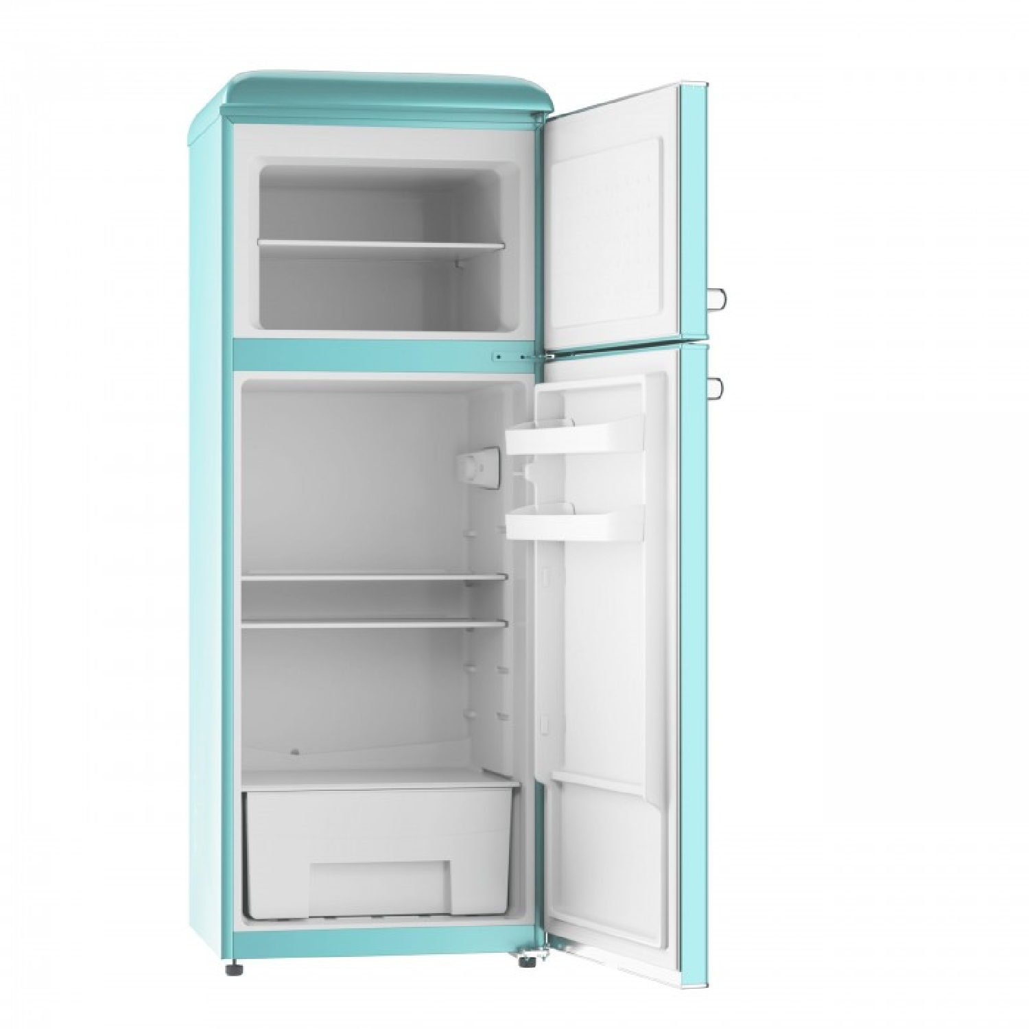 Un frigorifero azzurro con entrambe le ante aperte, su sfondo bianco.