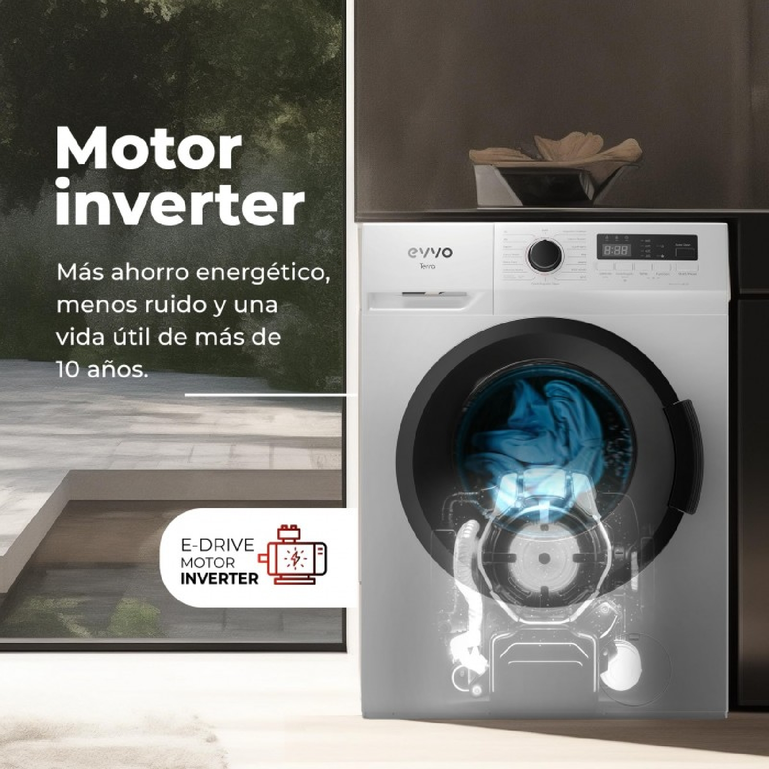 Lavadora con motor inverter, muestra ahorro energético y durabilidad.