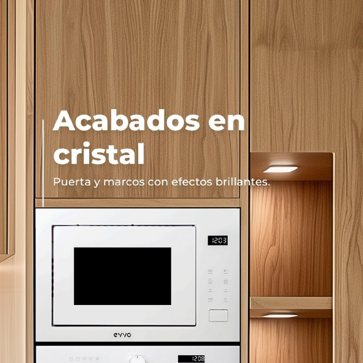 Mueble de madera con microondas blanco y estante iluminado.