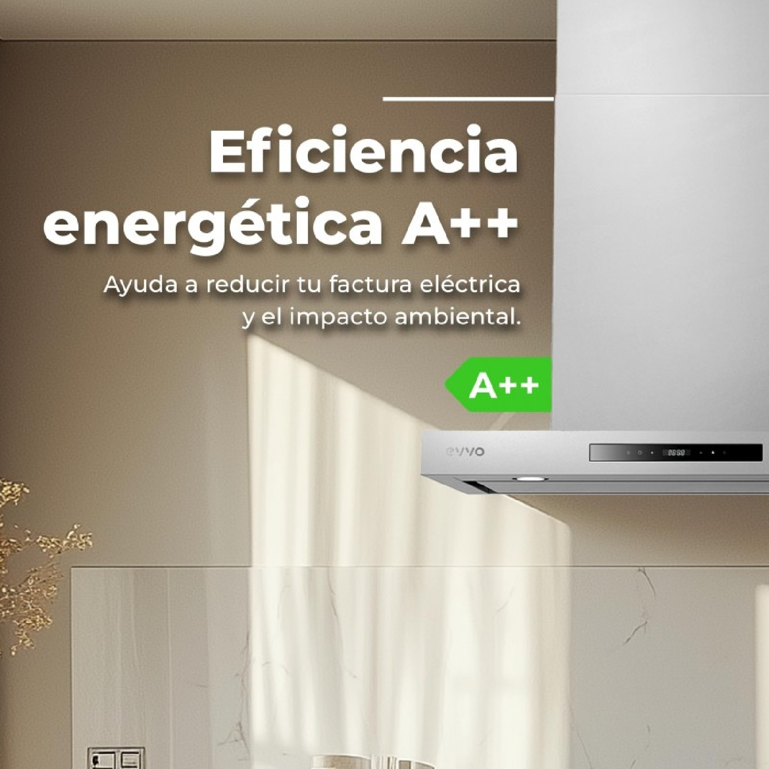 Cappa efficiente A++, riduce bollette elettriche e impatto ambientale.