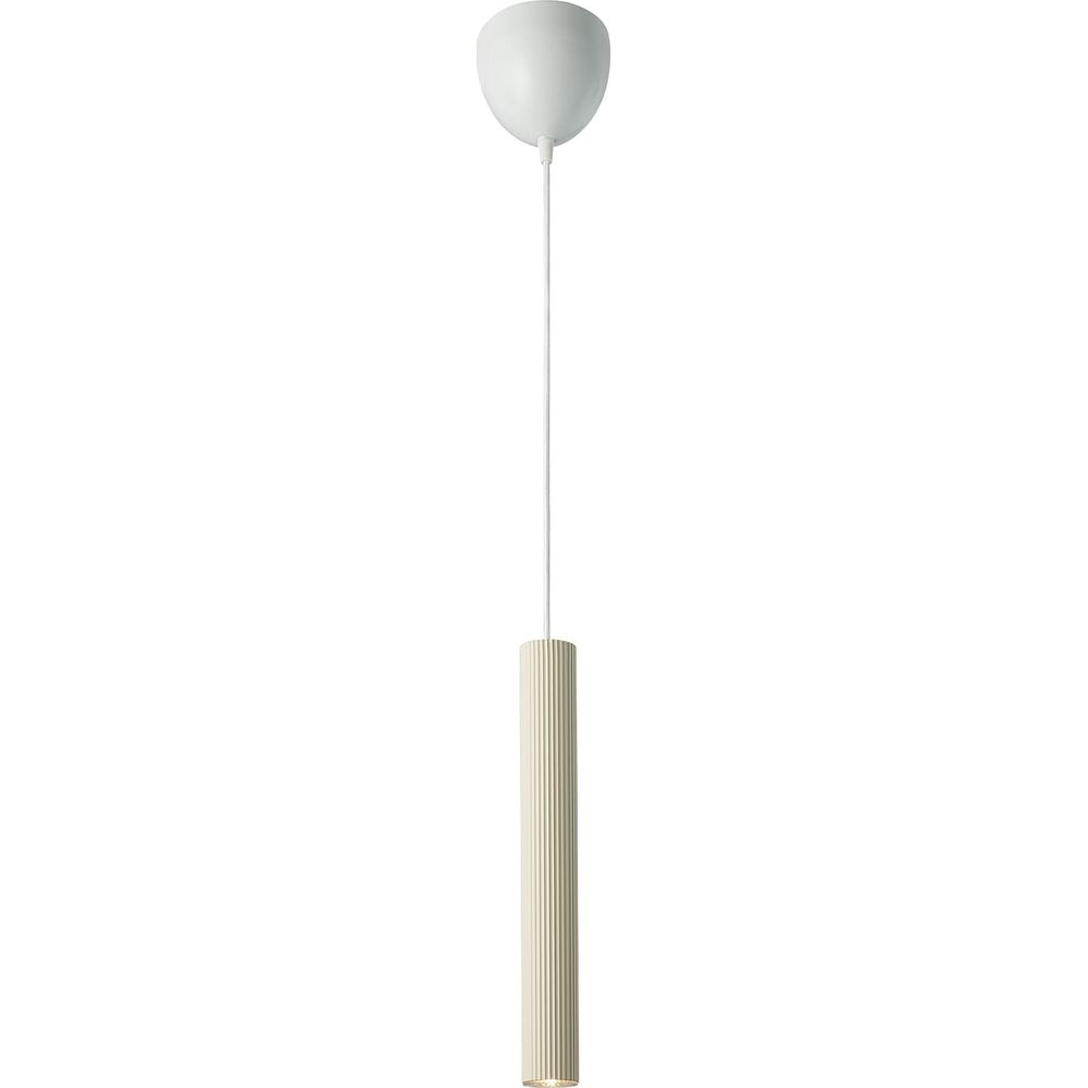 Plafonnier blanc avec un cylindre côtelé de couleur crème.