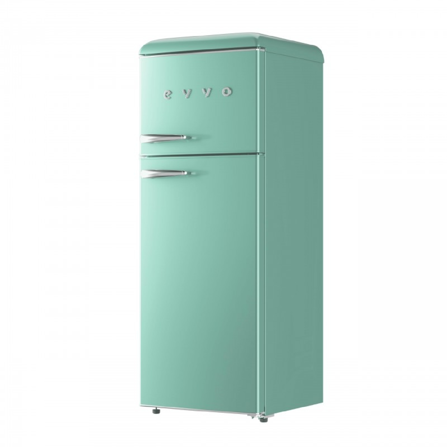 Un refrigerador verde menta con manijas cromadas y un logo.