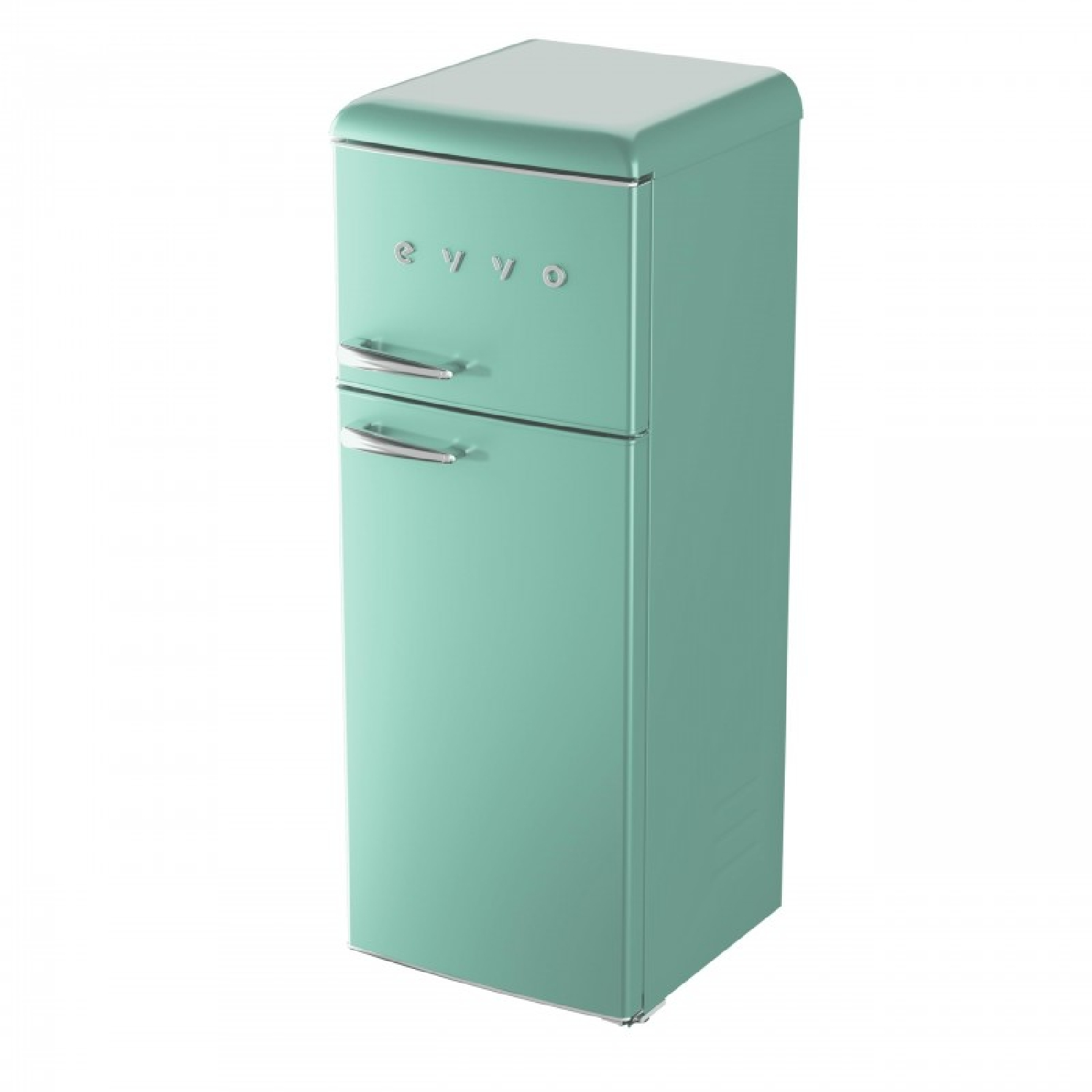 Un frigorífico retro estilo teal con dos puertas y tiradores plateados.