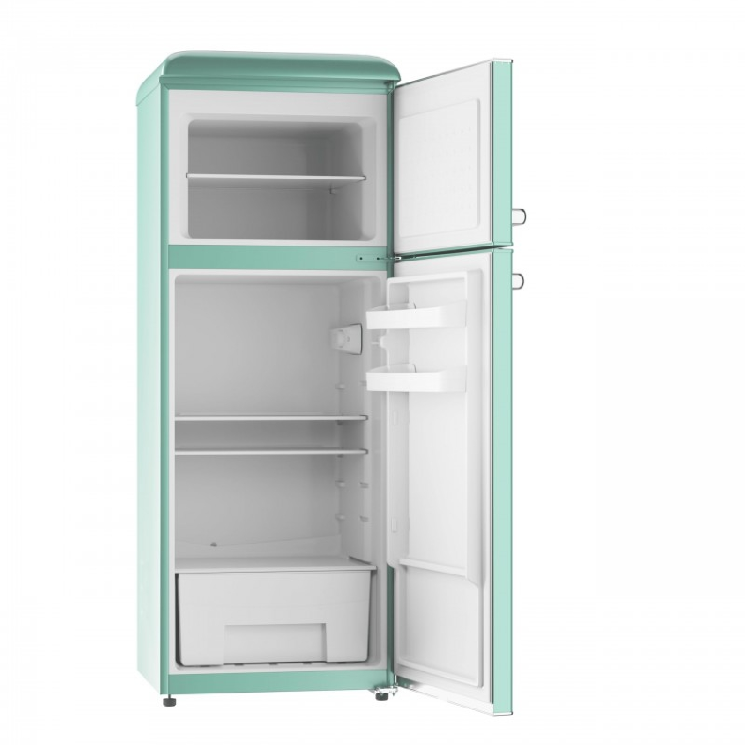Un refrigerador turquesa abierto de dos puertas, con dos estantes arriba y tres compartimentos abajo.