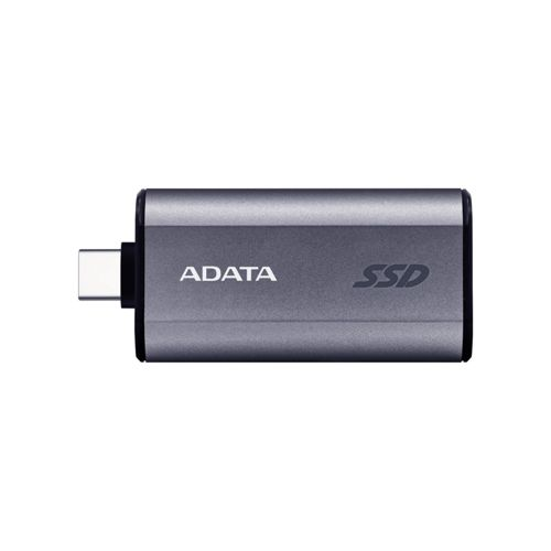 Una chiavetta di archiviazione SSD ADATA grigia con connettore USB-C e testo.