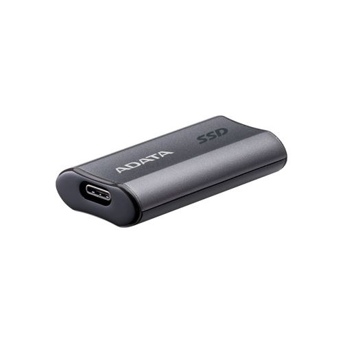 Unità SSD ADATA grigia con porta USB-C su sfondo bianco.