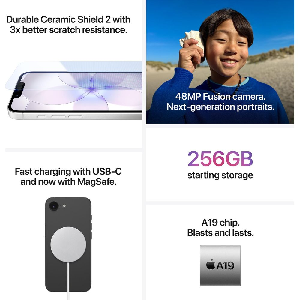 iPhone mit Ceramic Shield, 48MP Kamera, MagSafe-Ladung, 256GB Speicher, A19 Chip.