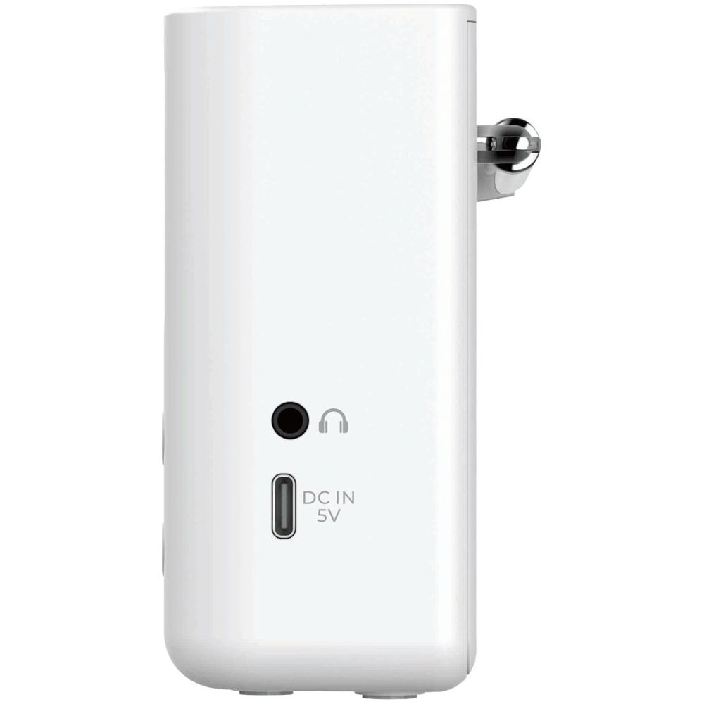 Witte doos met koptelefoonicoon, DC IN 5V-poort en draaibare stekker.