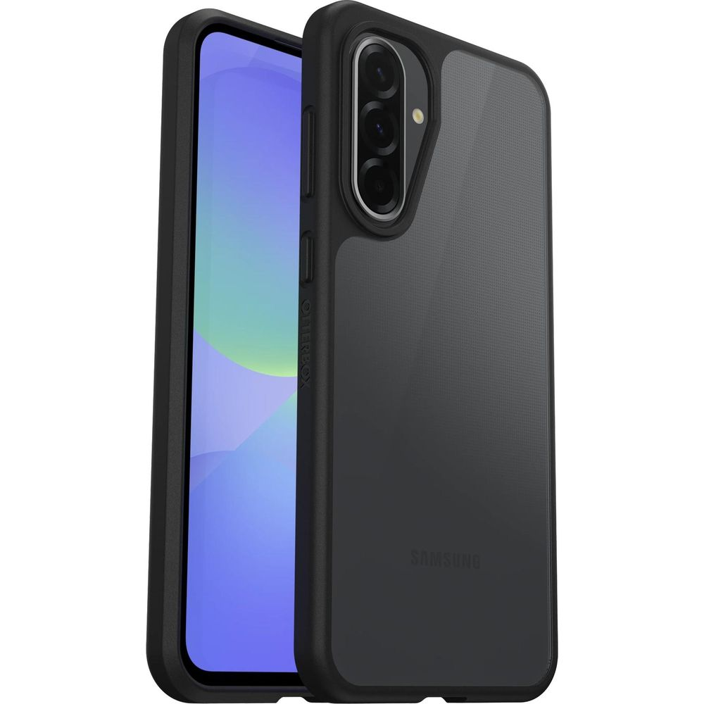 Schwarze Handyhülle mit dreifacher Kamera und Samsung-Logo auf weißem Hintergrund.