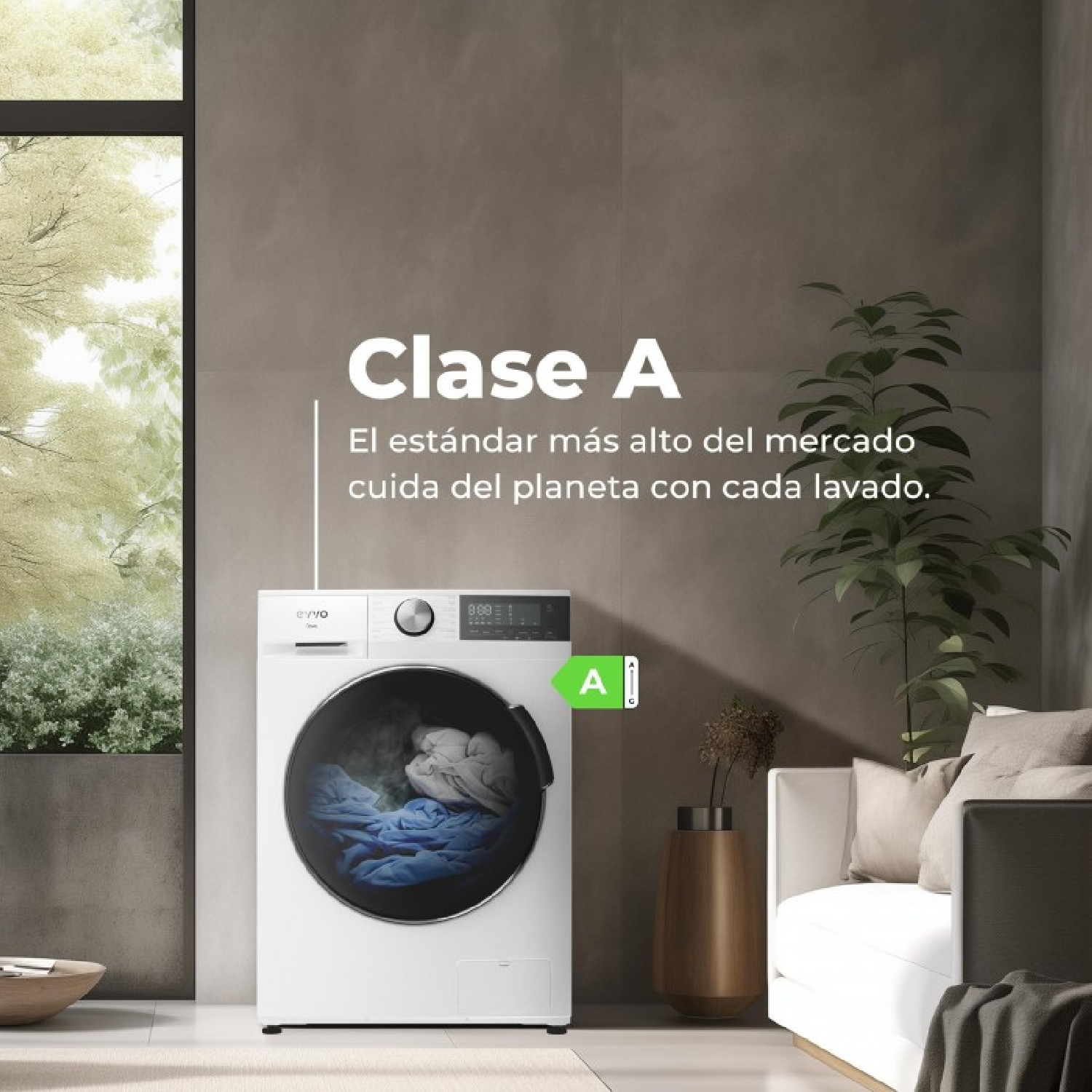 Una lavadora blanca con tambor cargado está en una habitación moderna.