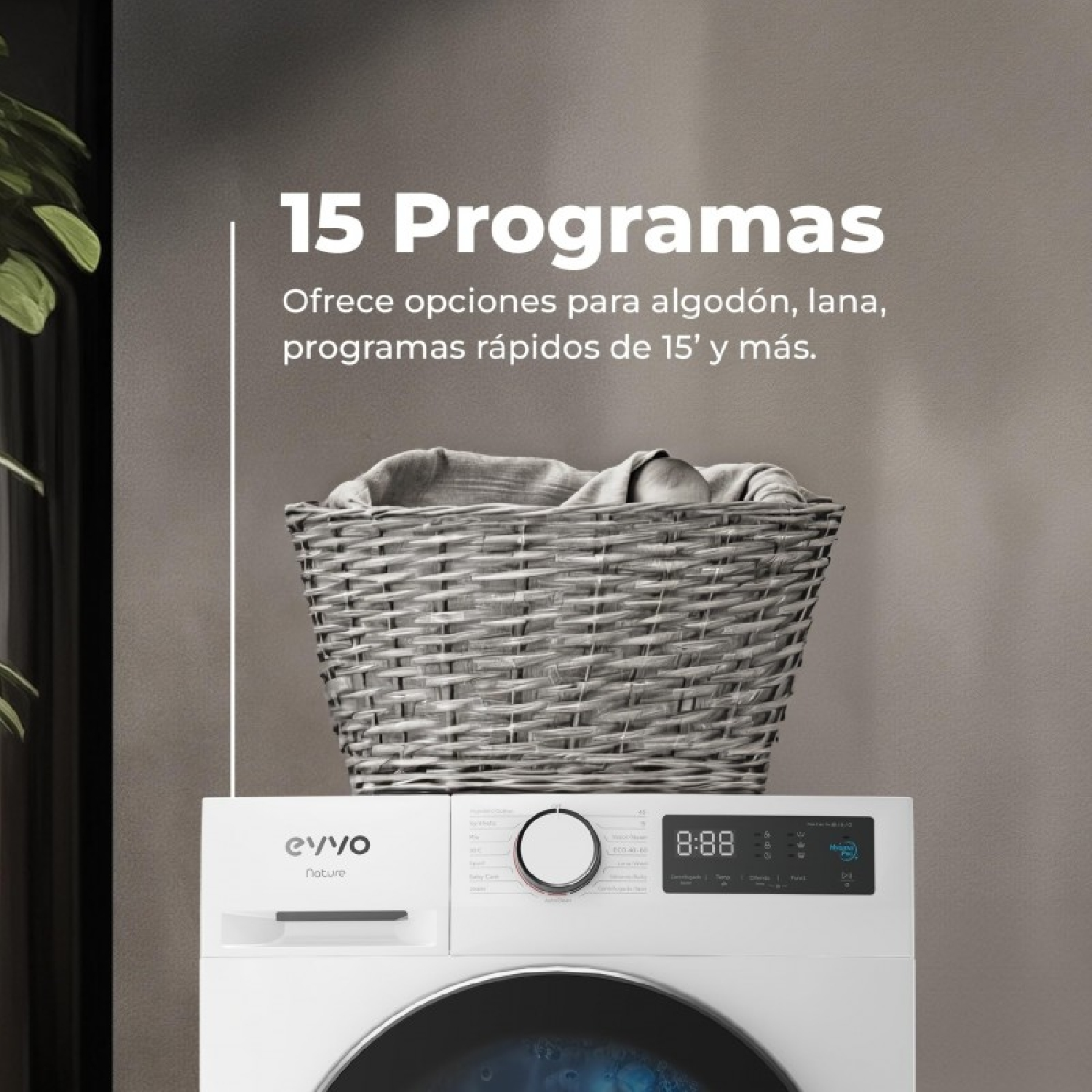 Una lavadora blanca con una cesta de ropa y texto en su pantalla.