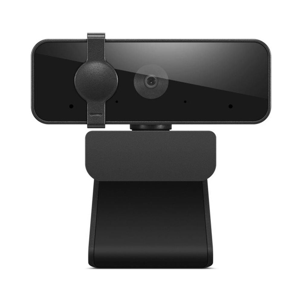 Een zwarte webcam met lens, microfoons en clipbevestiging op een standaard.