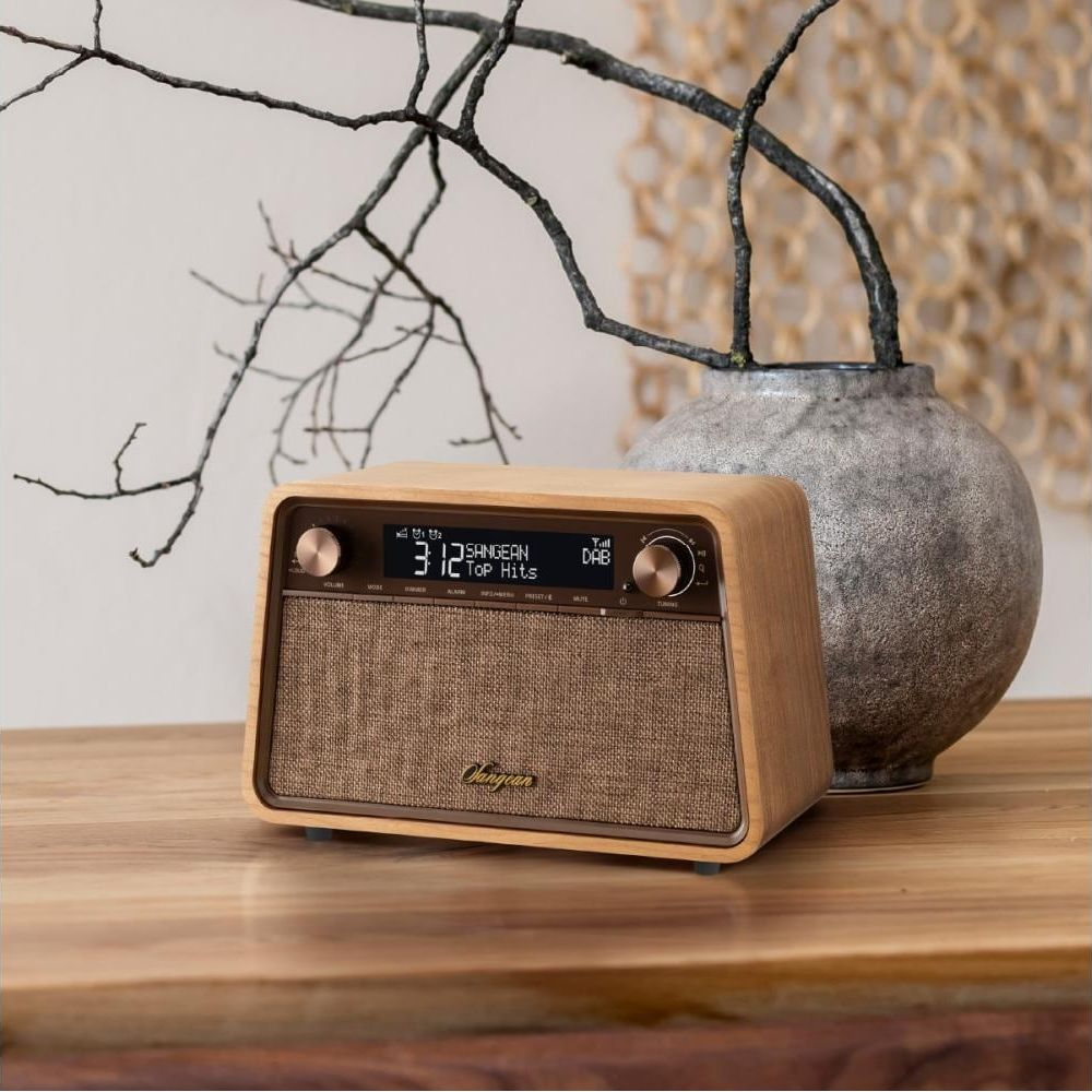Ein Holzradio mit braunem Stoffgitter steht auf einem Holztisch neben einer Vase.