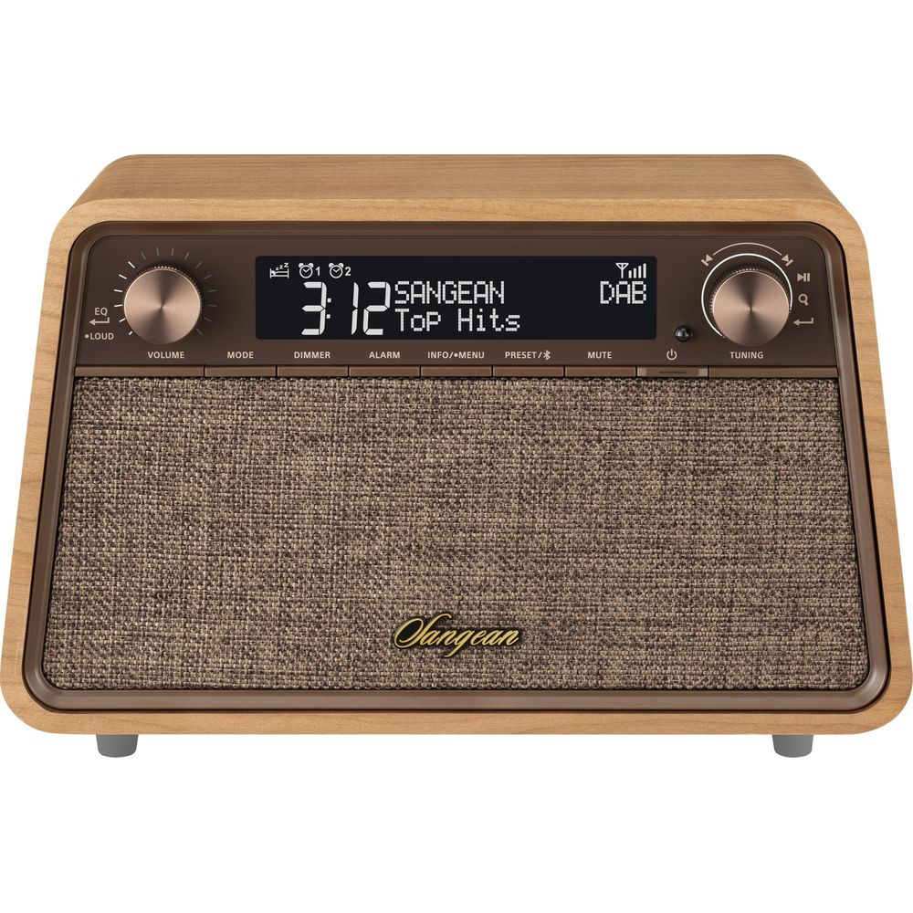 Ein Holzradio mit braunem Stoffgitter, schwarzem Display und Knöpfen.