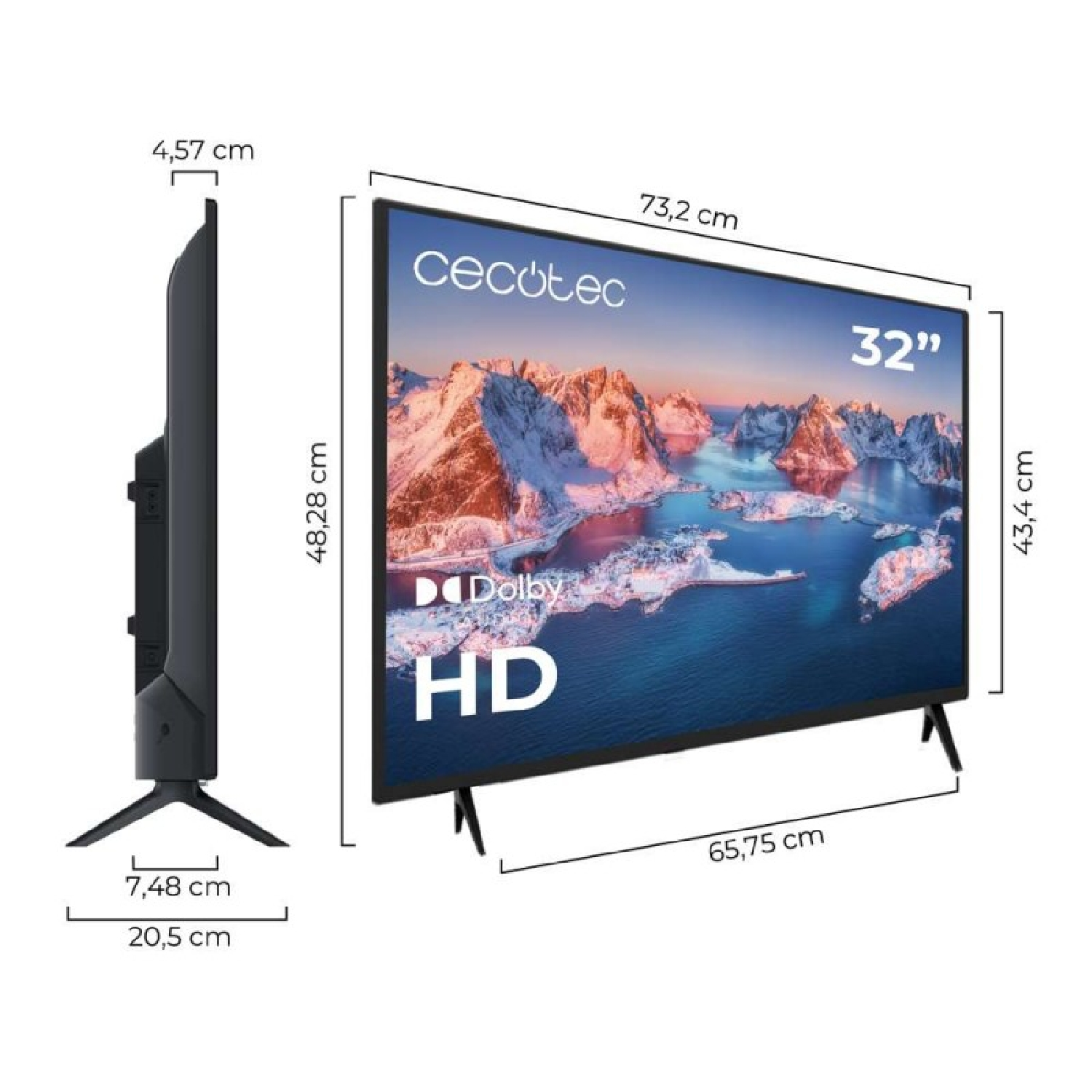 A 32-inch Cecotec TV with Dolby HD, dimensions are shown.