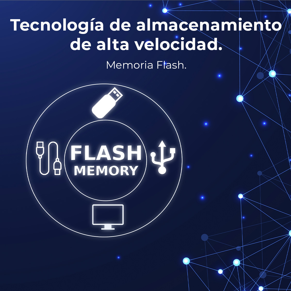 Graphic with 'Flash Memory' text and icons for USB stick, computer, cable.