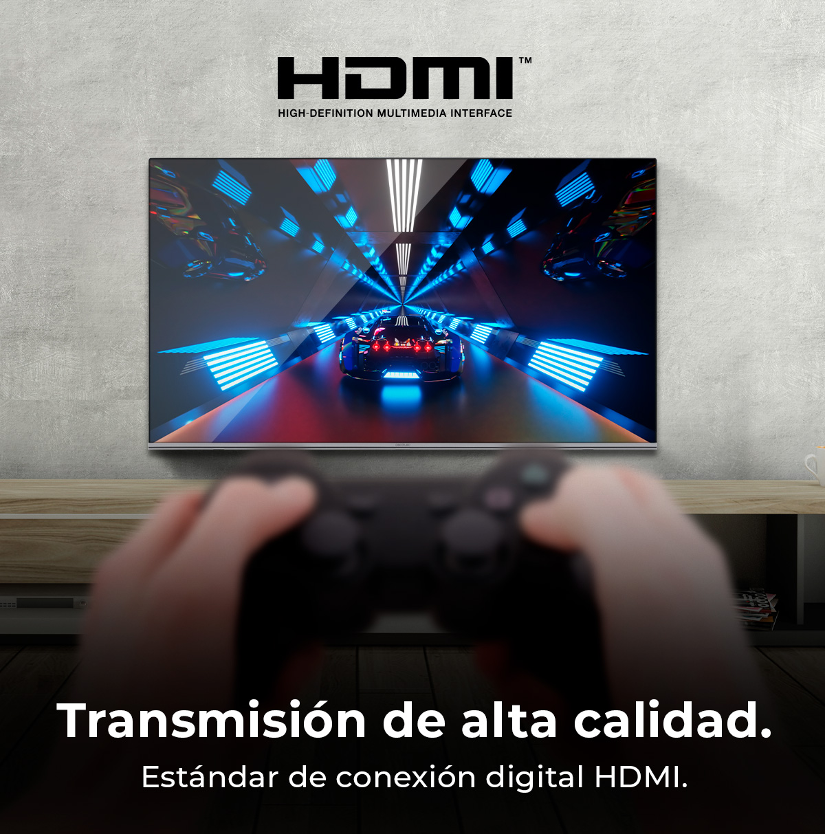 Hands holding a game controller, playing a game on an HDMI TV showing a futuristic car.