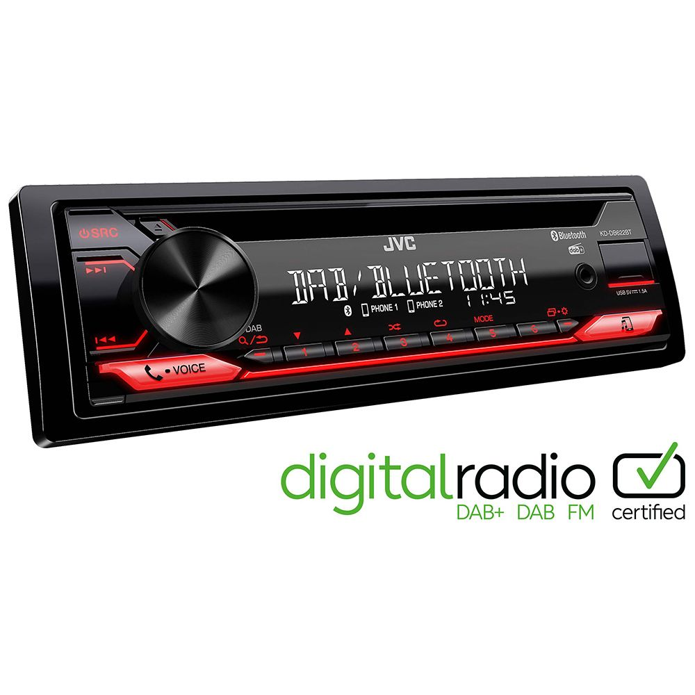 JVC Autoradio mit DAB/Bluetooth, roter Beleuchtung und digitalradio Logo.