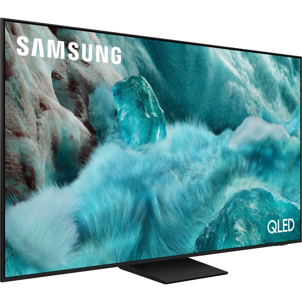 A Samsung QLED TV displaying an image of icy formations.