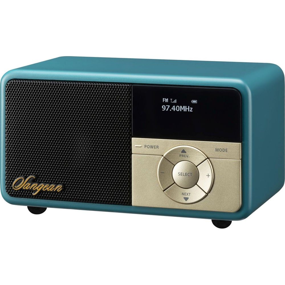 Radio color turchese con griglia altoparlante nera e controlli dorati. Display mostra 97.40MHz.