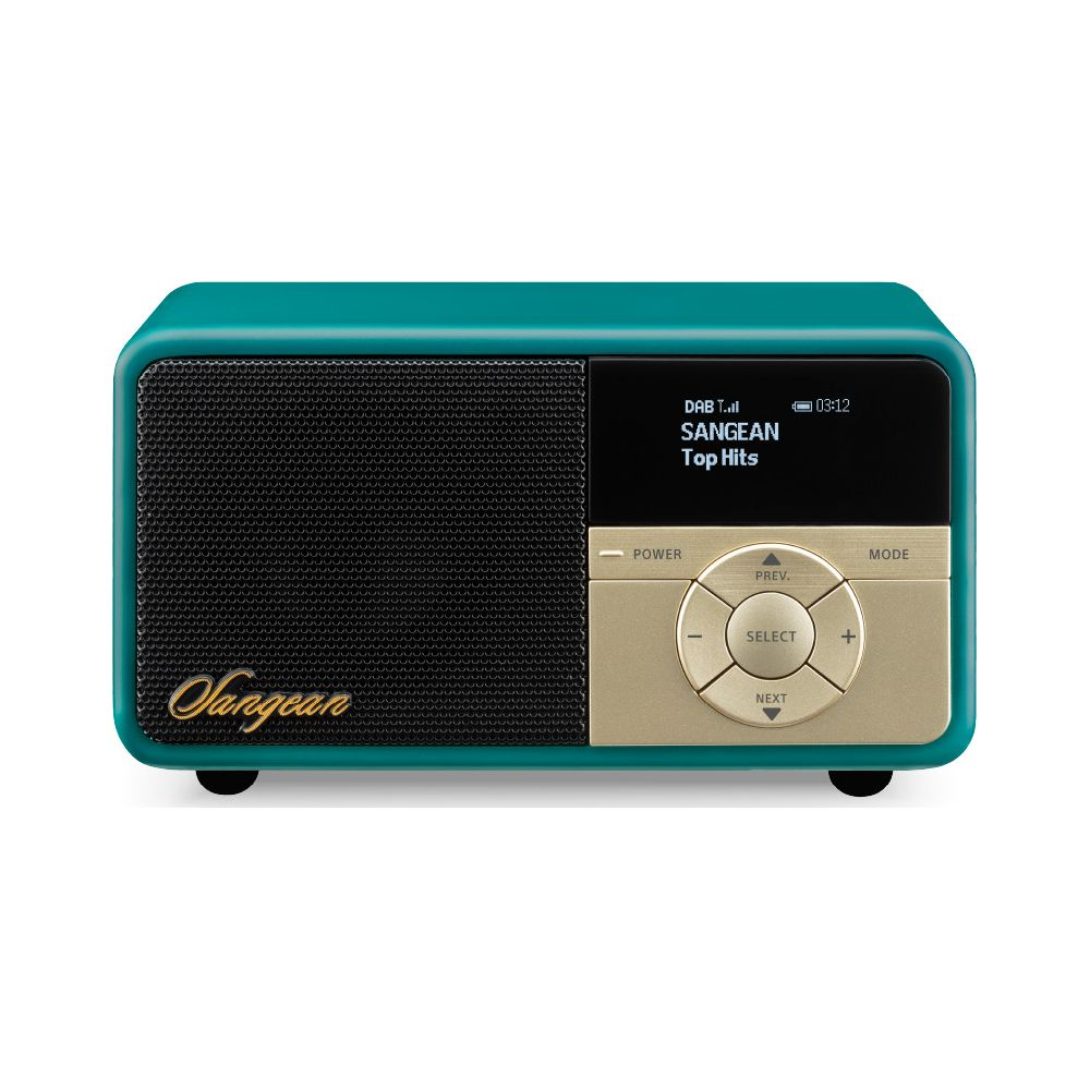 Una radio Sangean color turchese con griglia dell'altoparlante nera e controlli dorati.