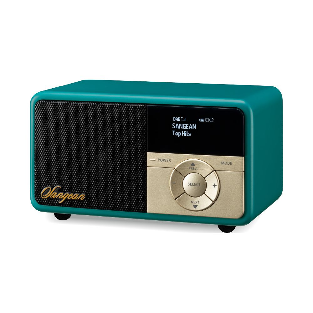 Una radio DAB Sangean color turchese con pannello di controllo dorato e griglia altoparlante nera.