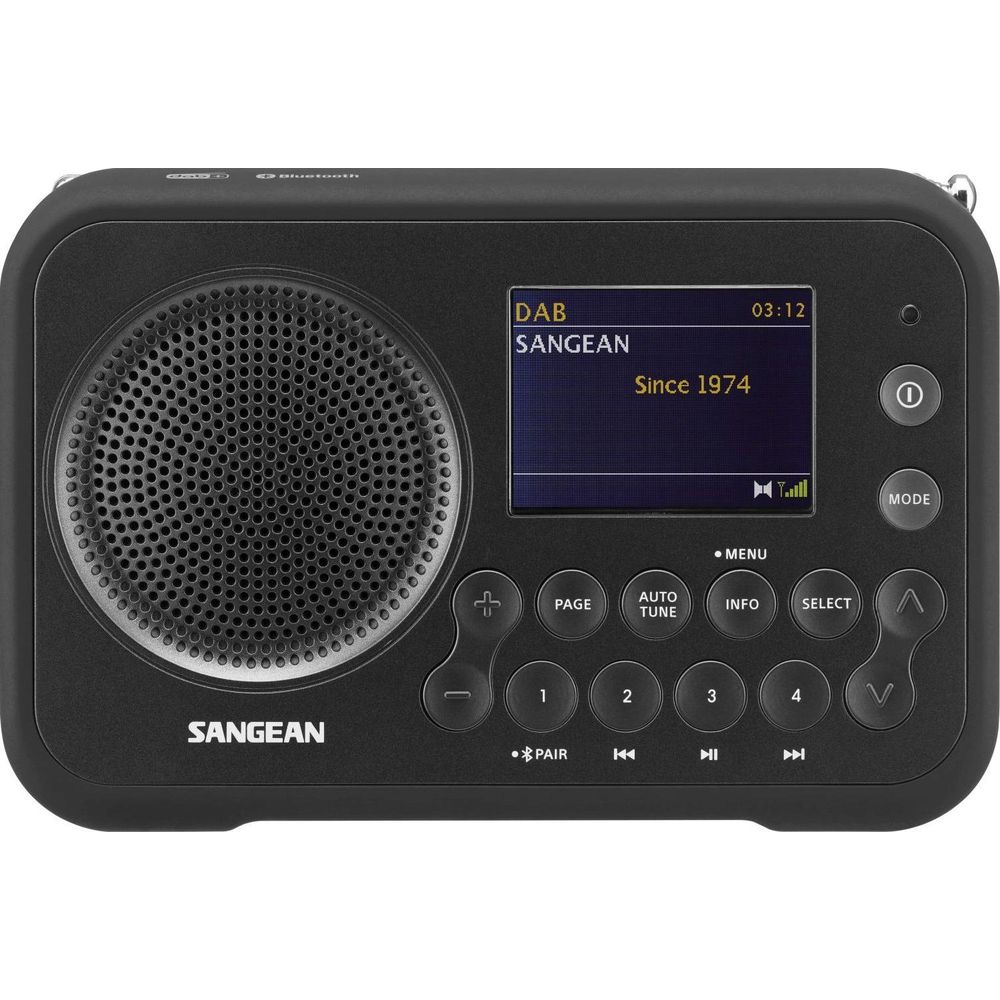 Une radio DAB Sangean noire avec un haut-parleur circulaire et un écran LCD.