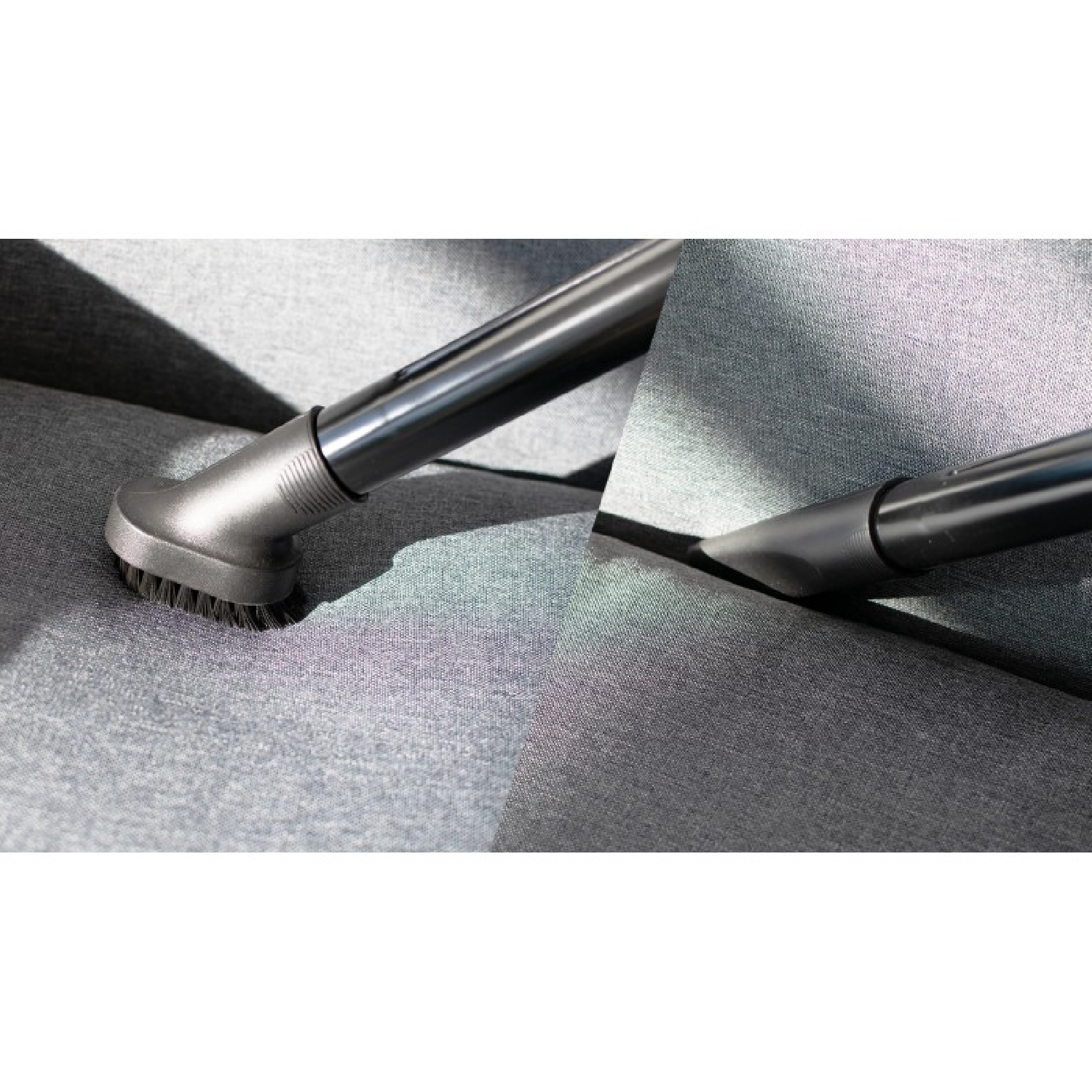 Primer plano de accesorios de aspiradora limpiando tela gris.