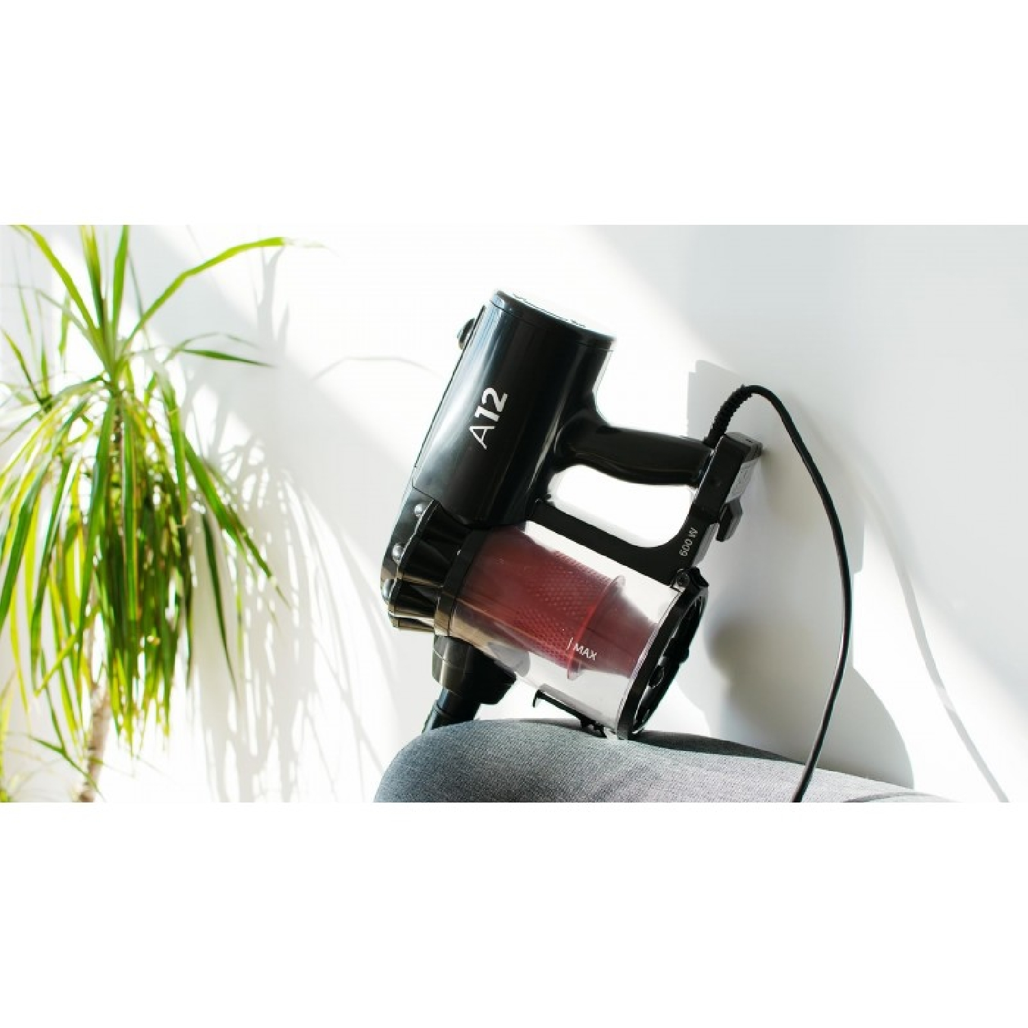 Aspiradora negra de mano con depósito rojo, apoyada en pared blanca junto a planta.