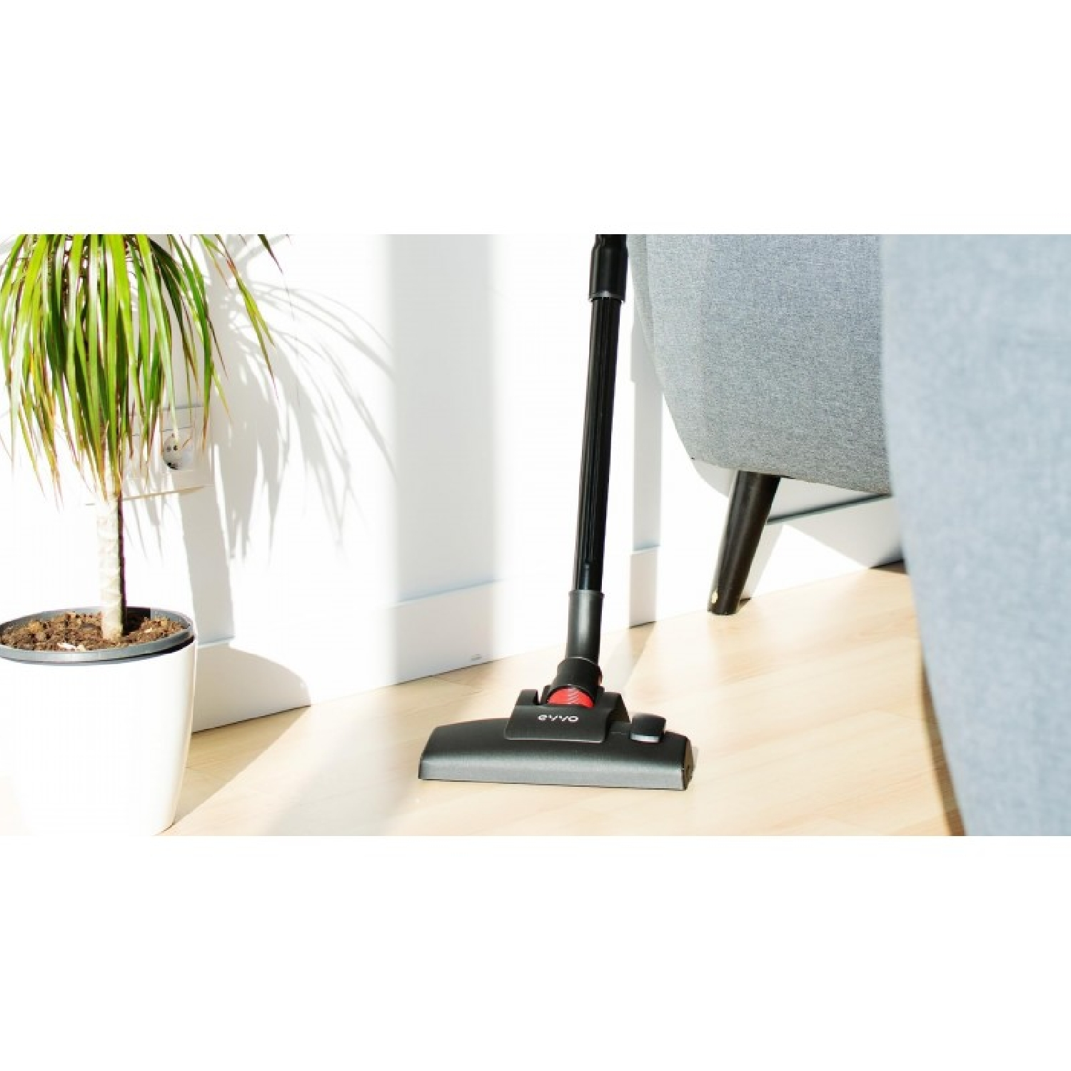 Un cabezal de aspiradora sobre un suelo de madera junto a una planta en maceta y un sillón gris.