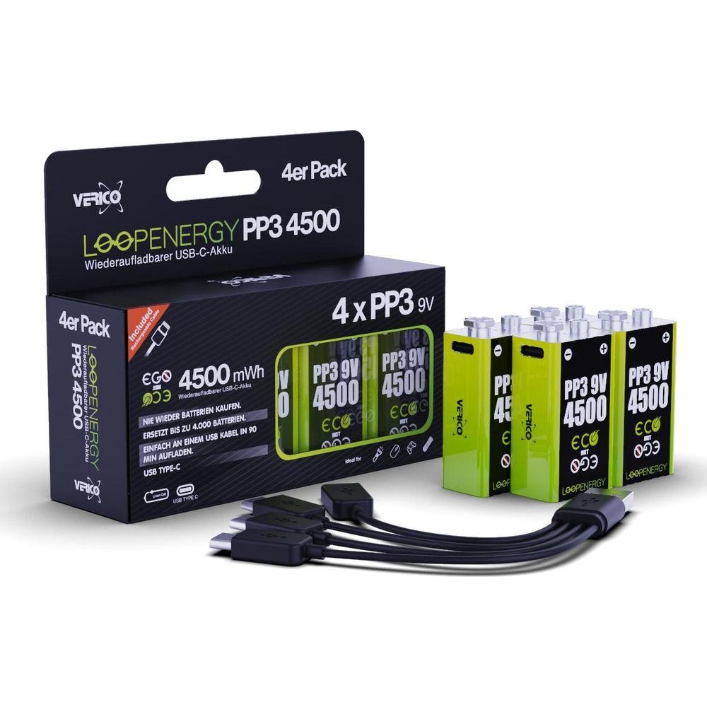 Confezione e quattro batterie ricaricabili PP3 9V 4500mAh con cavo USB-C