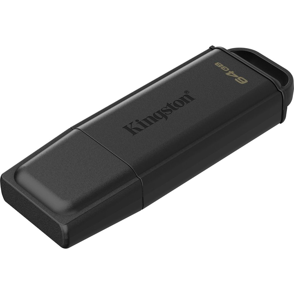 Un'unità flash USB Kingston nera da 64 GB è mostrata su sfondo bianco.