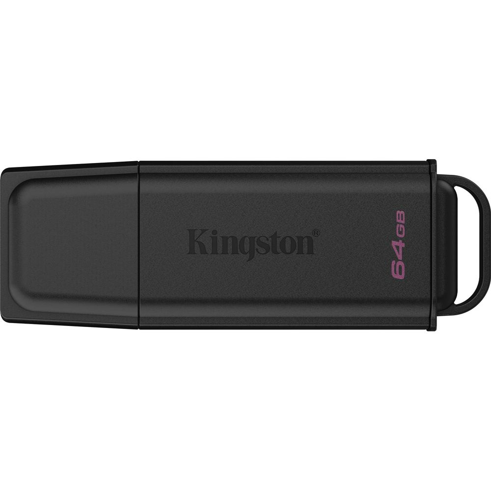 Penna USB Kingston nera da 64 GB con anello per portachiavi.