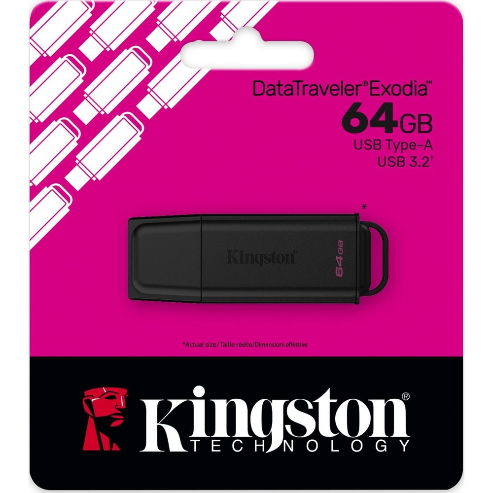 Chiavetta USB Kingston nera da 64GB USB 3.2 su confezione rosa e nera.