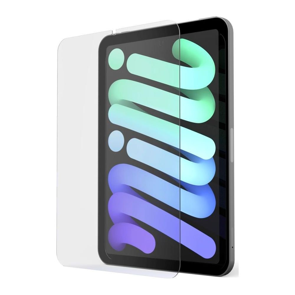 Una protezione schermo per un tablet visualizzato con uno sfondo colorato.