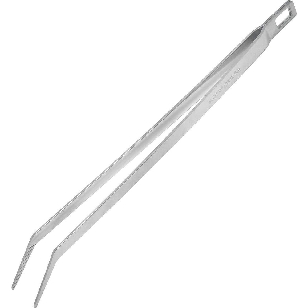 Eine lange, silberne Grillzange aus Edelstahl mit geriffelten Spitzen.