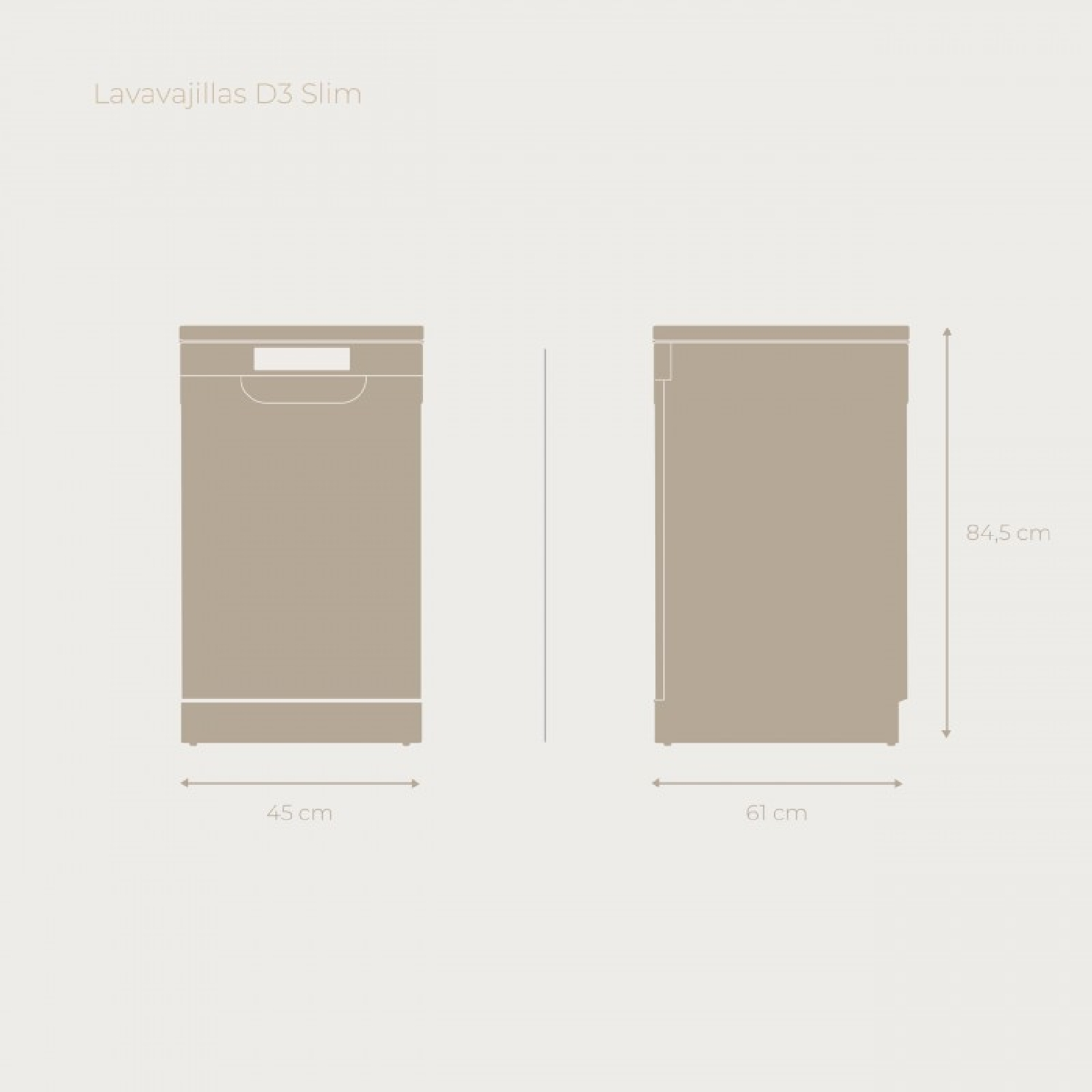 Diagrama de un lavavajillas delgado. Vista frontal muestra 45cm de ancho. Vista lateral muestra 61cm de ancho y 84.5cm de alto.