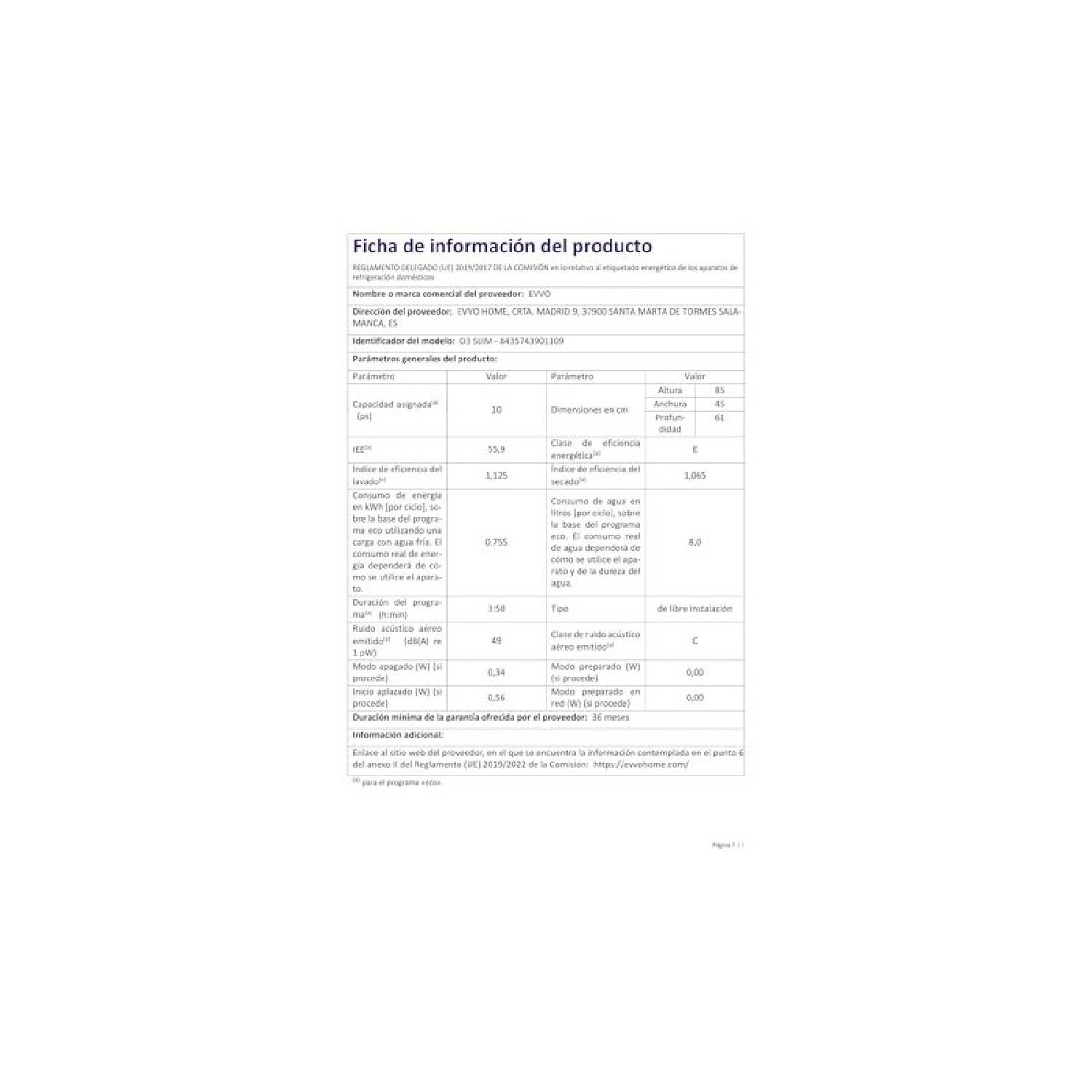 Ficha de información del producto con detalles de eficiencia energética, dimensiones y ruido.