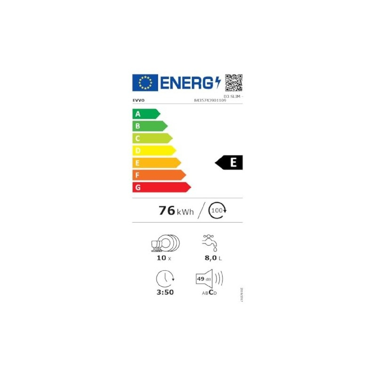 Etiqueta de eficiencia energética con escala A-G y consumo 76 kWh/100 ciclos.