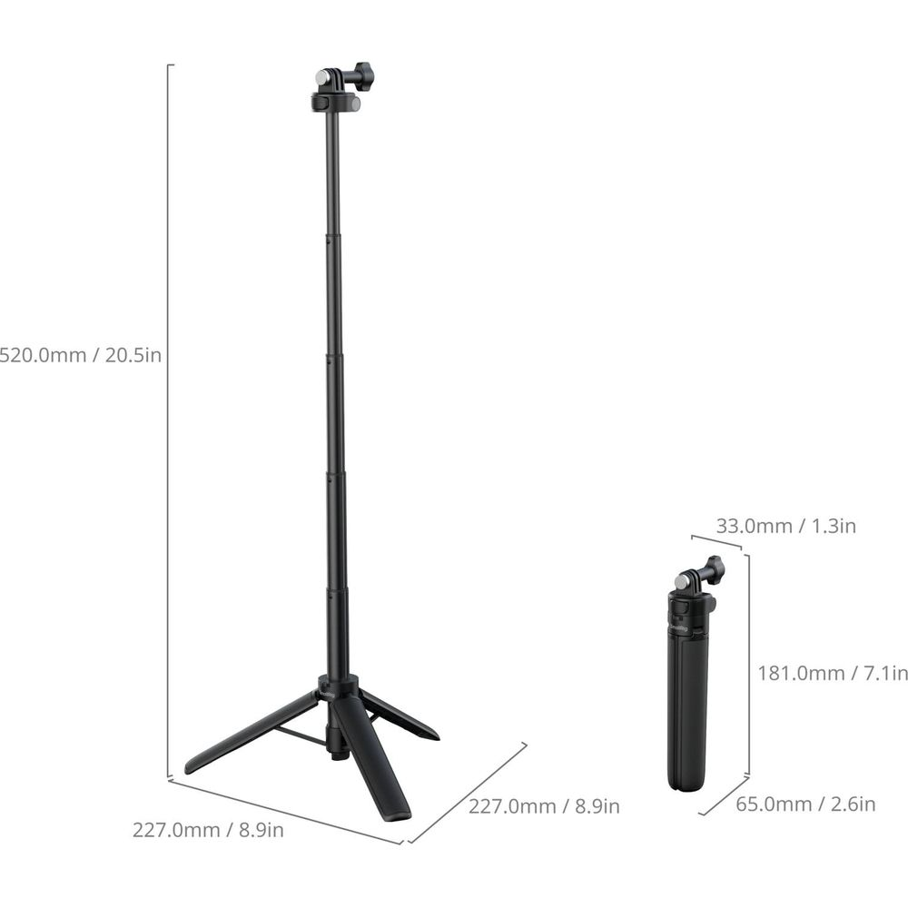 Asta di estensione per treppiede nera e impugnatura manuale con supporti. Dimensioni indicate.