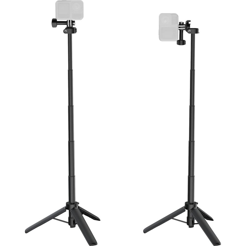 Due selfie stick neri con treppiedi estesi e fotocamere.