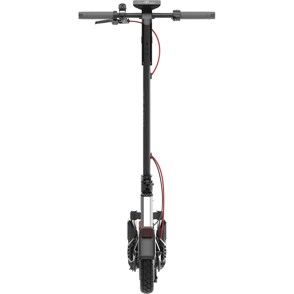 Ein grauer Elektroroller mit Display, roten Kabeln und schwarzem Lenker.