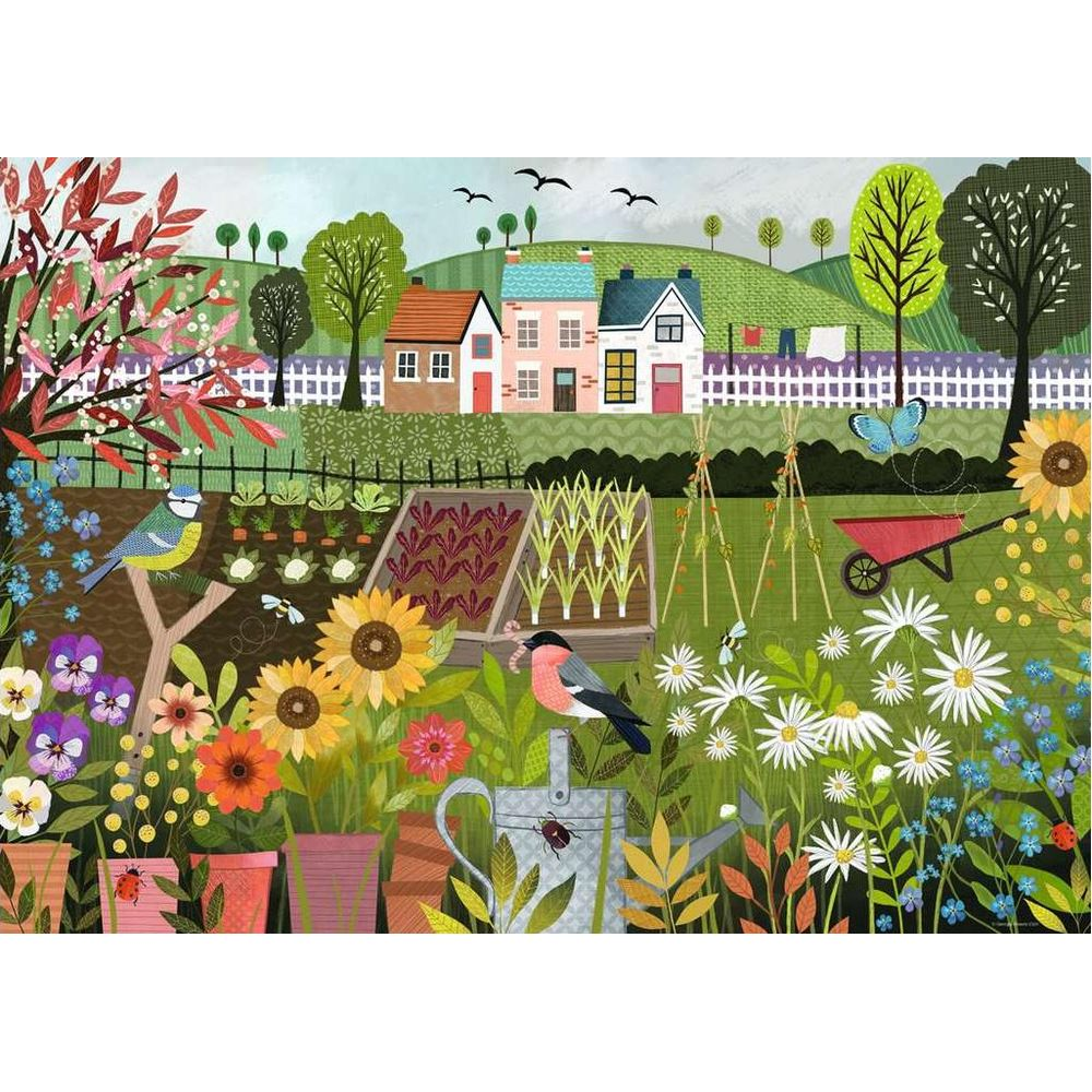 Una scena di giardino colorata con fiori, orto, case e uccelli.