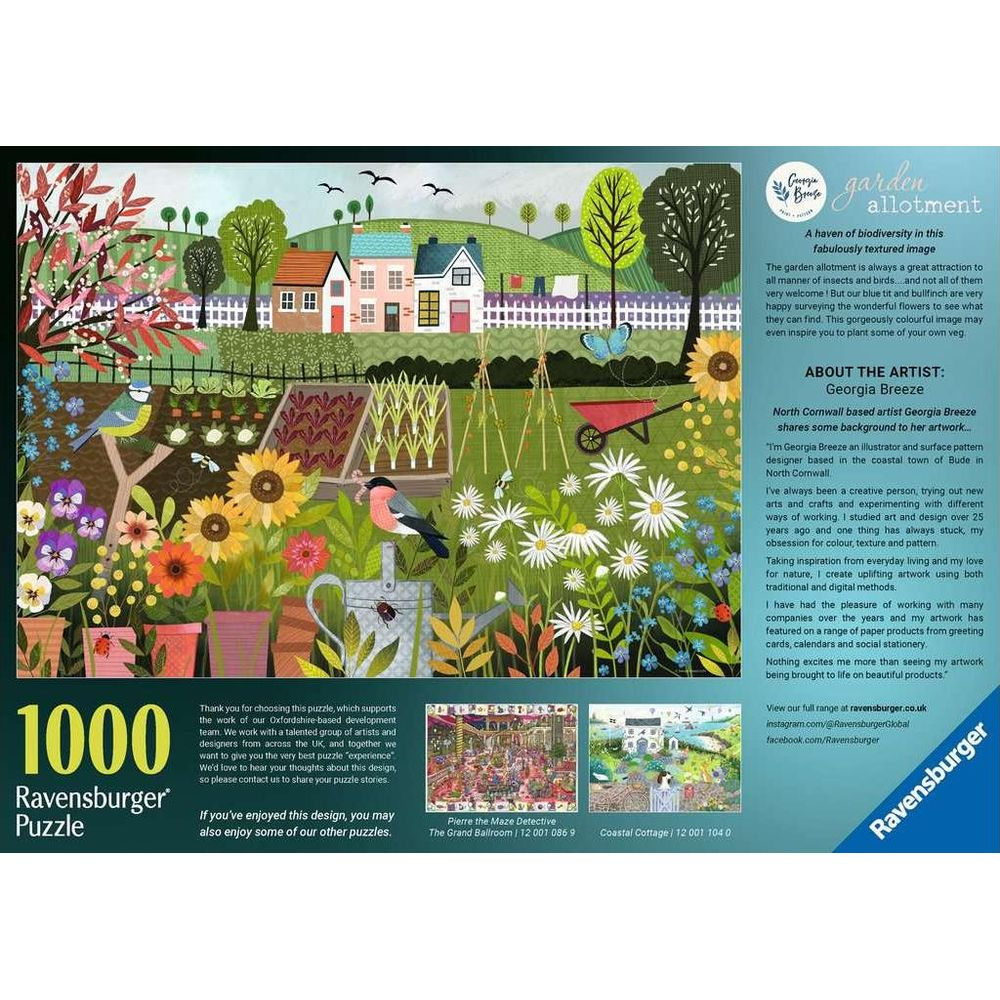 Una colorata scena di giardino con case, uccelli, fiori e una carriola.