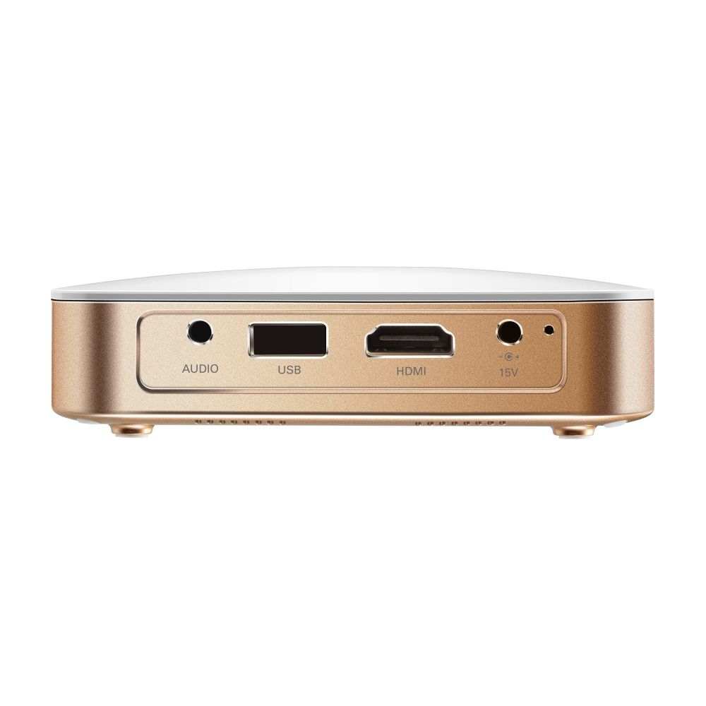 Boîte dorée avec ports audio, USB, HDMI et 15V.