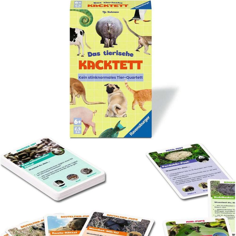 Spielbox und Karten mit Tiermist. Titel: Das tierische Kacktett. Ab 6 Jahren.