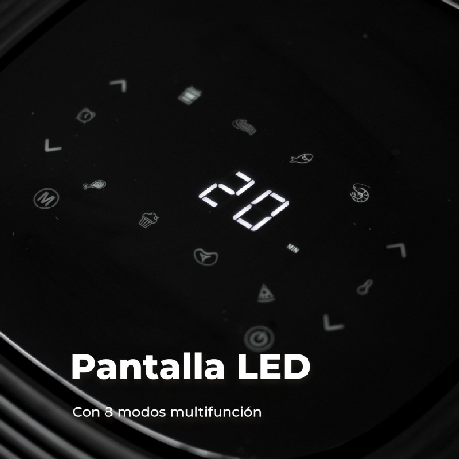 Panel de control de freidora de aire negro muestra "20" min e iconos.