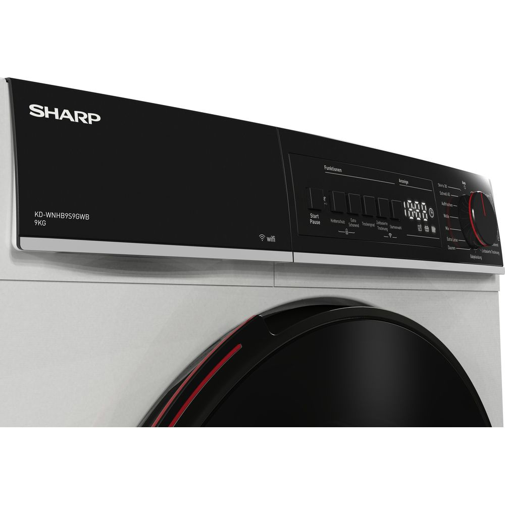 Eine SHARP Waschmaschine mit schwarzer Front und digitaler Anzeige, 9kg Kapazität.