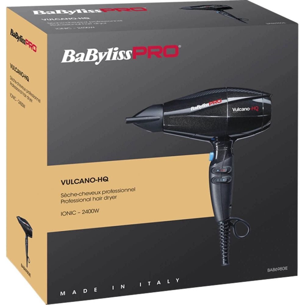 Asciugacapelli BaByliss PRO nero su scatola. Testo: VULCANO-HQ, Ionic 2400W, Made in Italy.
